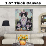 Springtime Surprise: Tuxedo Cat Mom Carrying Three Kittens in a Basket of Easter Eggs - Delightful Holiday Painting on Ready to Hang 1.5" Thick Canvas Wrap, Floating Framed Canvas, Flat Rolled Canvas