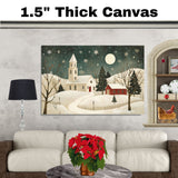 Christmas Folk Art Scene with Snowy Church, Red Barn, Lit Trees, and Falling Snowflakes Under a Glowing Winter Moon on Ready to Hang 1.5" Thick Canvas Wrap, Floating Framed Canvas, Flat Rolled Canvas