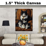 Regal Comfort: Tuxedo Cat Mom and Four Kittens on an Elegant Victorian Sofa on Ready to Hang 1.5" Thick Canvas Wrap, Floating Framed Canvas, Flat Rolled Canvas