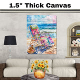 Watercolor Painting of Plaid Beach Chair and Woven Basket on Sandy Shore with Colorful Blanket and Gentle Ocean Waves on Ready to Hang 1.5" Thick Canvas Wrap, Floating Framed Canvas, Flat Rolled Canvas
