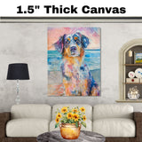 Watercolor Painting of a Multicolored Dog at the Beach – Gentle Expression Coastal Art Print for Dog and Ocean Lovers on Ready to Hang 1.5" Thick Canvas Wrap, Floating Framed Canvas, Flat Rolled Canvas
