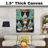 Springtime Celebration: Black and White Cat Mom Carrying Three Kittens in an Egg-Filled Basket on Ready to Hang 1.5" Thick Canvas Wrap, Floating Framed Canvas, Flat Rolled Canvas