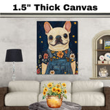 French Bulldog in Denim Overalls and Floral Shirt Dog Art for Nursery Farmhouse Bedroom Living Room Dog Lover Gift Whimsical Animal Decor on Ready to Hang 1.5" Thick Canvas Wrap, Floating Framed Canvas, Flat Rolled Canvas