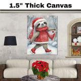 Christmas Sloth Ice Skating Art Print – Whimsical Red Sweater & Ornament Illustration, Holiday Winter Nursery Wall Decor, Cozy Woodland Animal Canvas on Ready to Hang 1.5" Thick Canvas Wrap, Floating Framed Canvas, Flat Rolled Canvas