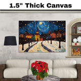 Starry Night Village Scene in Van Gogh Style – Whimsical Folk Art of Snowy Streets and Colorful Holiday Homes on Ready to Hang 1.5" Thick Canvas Wrap, Floating Framed Canvas, Flat Rolled Canvas
