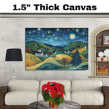 Starry Christmas Night Over Peaceful Village and Hills – Folk Art Holiday Landscape Painting on Ready to Hang 1.5" Thick Canvas Wrap, Floating Framed Canvas, Flat Rolled Canvas