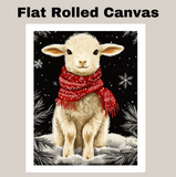 Lamb with Red Scarf Sitting in Winter Snow, Christmas Holiday Painting on 1.5" Thick Canvas Wrap, Floating Framed Canvas, Flat Rolled Canvas, Oversized Stretched Canvas Wall Art