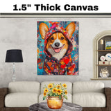 Playful Affection: Corgi in a Colorful Heart-Patterned Hoodie Whimsical Romantic Painting on Ready to Hang 1.5" Thick Canvas Wrap, Floating Framed Canvas, Flat Rolled Canvas