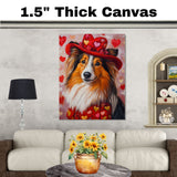 Dapper Presence: Shetland Sheepdog in a Distinguished Red Suit and Hat on Ready to Hang 1.5" Thick Canvas Wrap, Floating Framed Canvas, Flat Rolled Canvas