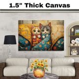 Painting of Two Cute Kittens Wrapped in Colorful Quilts Wearing Pajamas with Big Eyes Sitting on a Cozy Couch Surrounded by Pillows in a Warm Whimsical Setting on Ready to Hang 1.5" Thick Canvas Wrap, Floating Framed Canvas, Flat Rolled Canvas