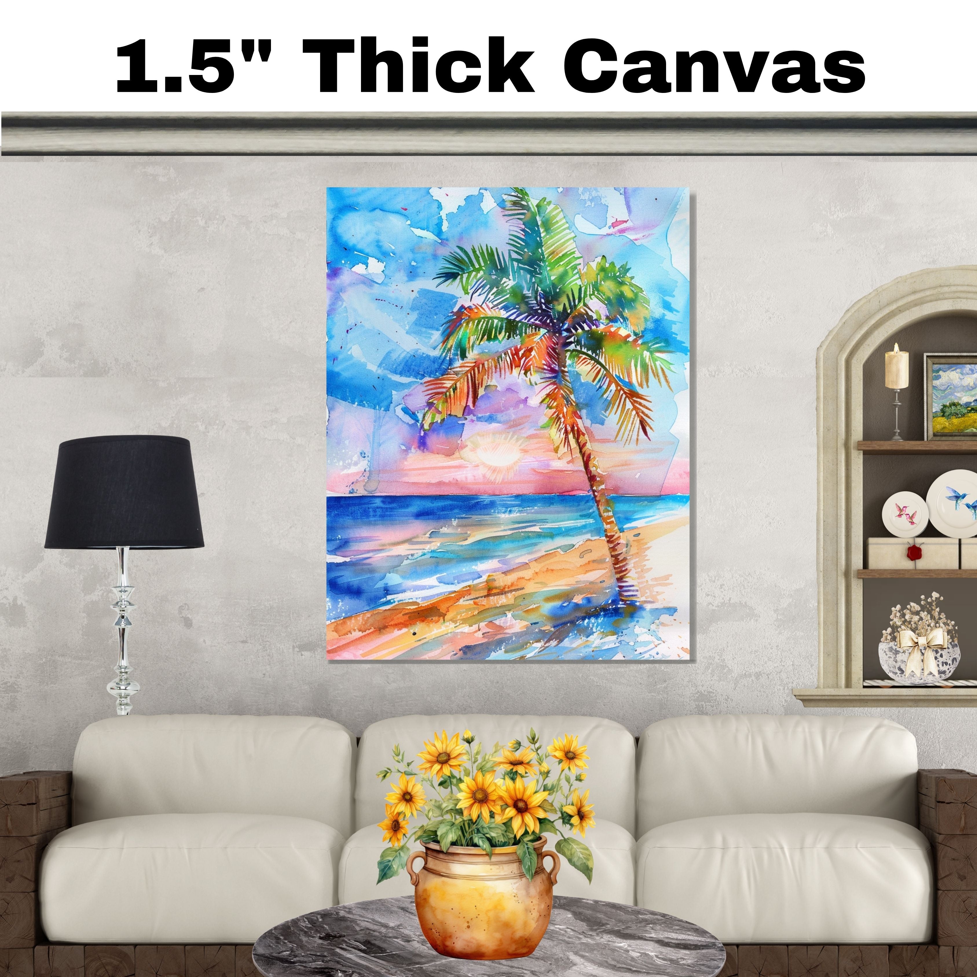 Colorful Palm Tree at Sunset by the Ocean Watercolor Painting Beach Scene on Ready to Hang 1.5" Thick Canvas Wrap, Floating Framed Canvas, Flat Rolled Canvas