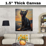 Screaming Black Cat on Rooftop Canvas Painting at Sunset – Dramatic Feline Art Reimagined on Ready to Hang 1.5" Thick Canvas Wrap, Floating Framed Canvas, Flat Rolled Canvas