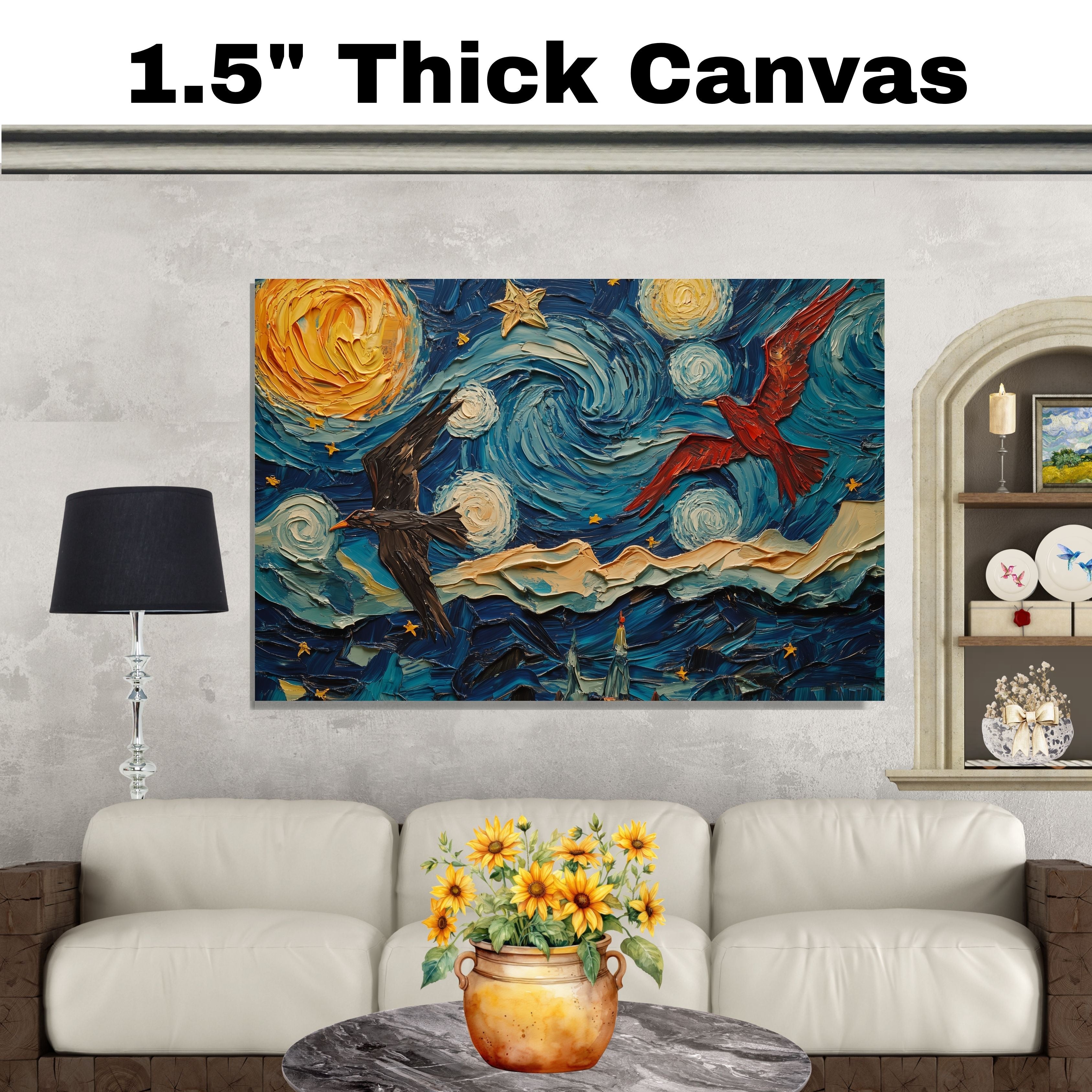 Starry Night Folk Art with Birds – Colorful Impressionist Sky Wall Art Print – Van Gogh Inspired Patriotic Red and Black Birds Soaring in Whimsical Night Sky on Ready to Hang 1.5" Thick Canvas Wrap, Floating Framed Canvas, Flat Rolled Canvas