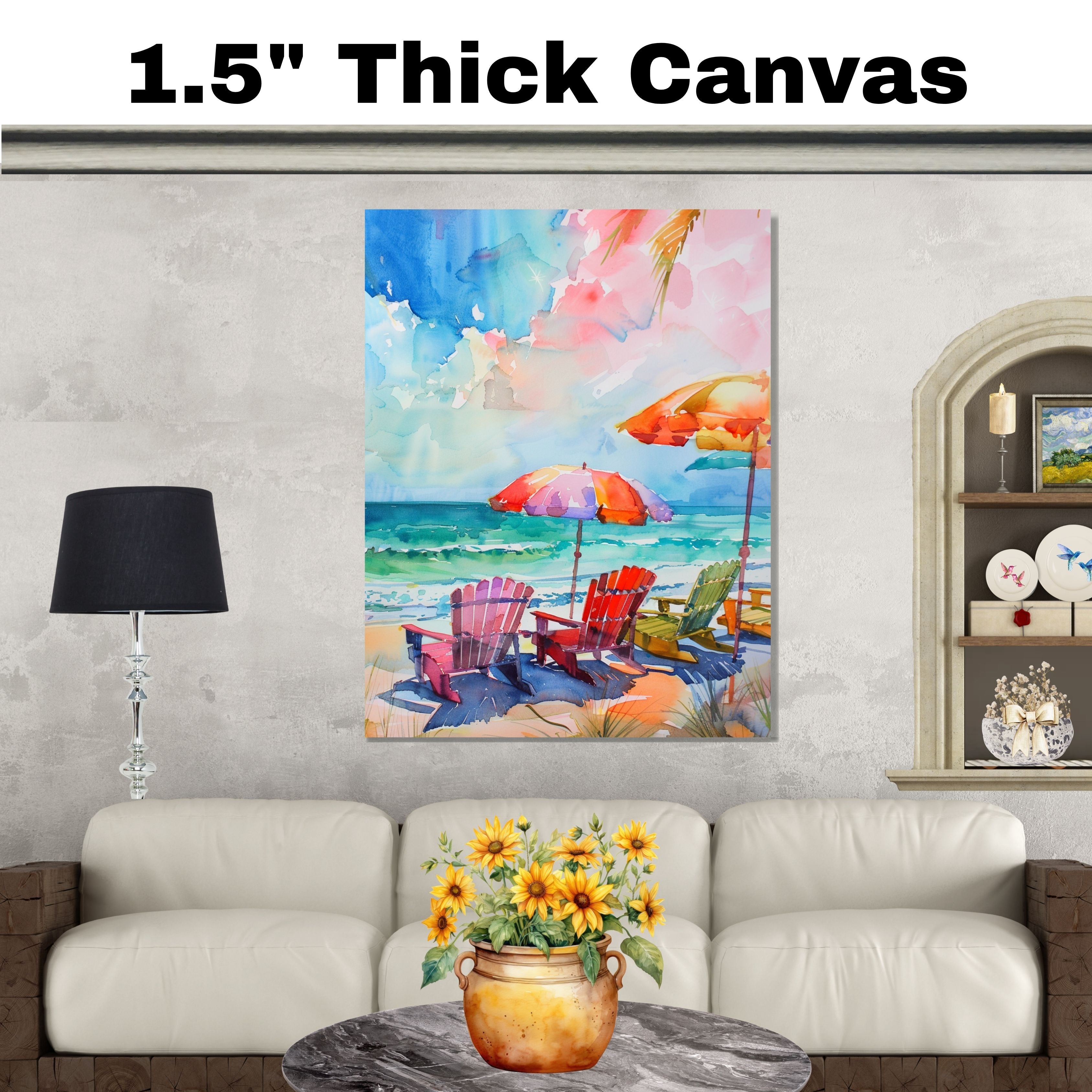 Colorful Watercolor Beach Chairs & Umbrellas – Oceanfront Coastal Art Print on Ready to Hang 1.5" Thick Canvas Wrap, Floating Framed Canvas, Flat Rolled Canvas