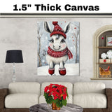 Whimsical Christmas Donkey Ice Skating with Red Scarf and Hat Canvas or Festive Wall Art Print on Ready to Hang 1.5" Thick Canvas Wrap, Floating Framed Canvas, Flat Rolled Canvas