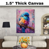 Vivid Blue Pink and Yellow Bird Painting Sitting on Branch in Expressive Color Brushstrokes for Bright Whimsical Spaces and Nature Inspired Art Lovers on Ready to Hang 1.5" Thick Canvas Wrap, Floating Framed Canvas, Flat Rolled Canvas