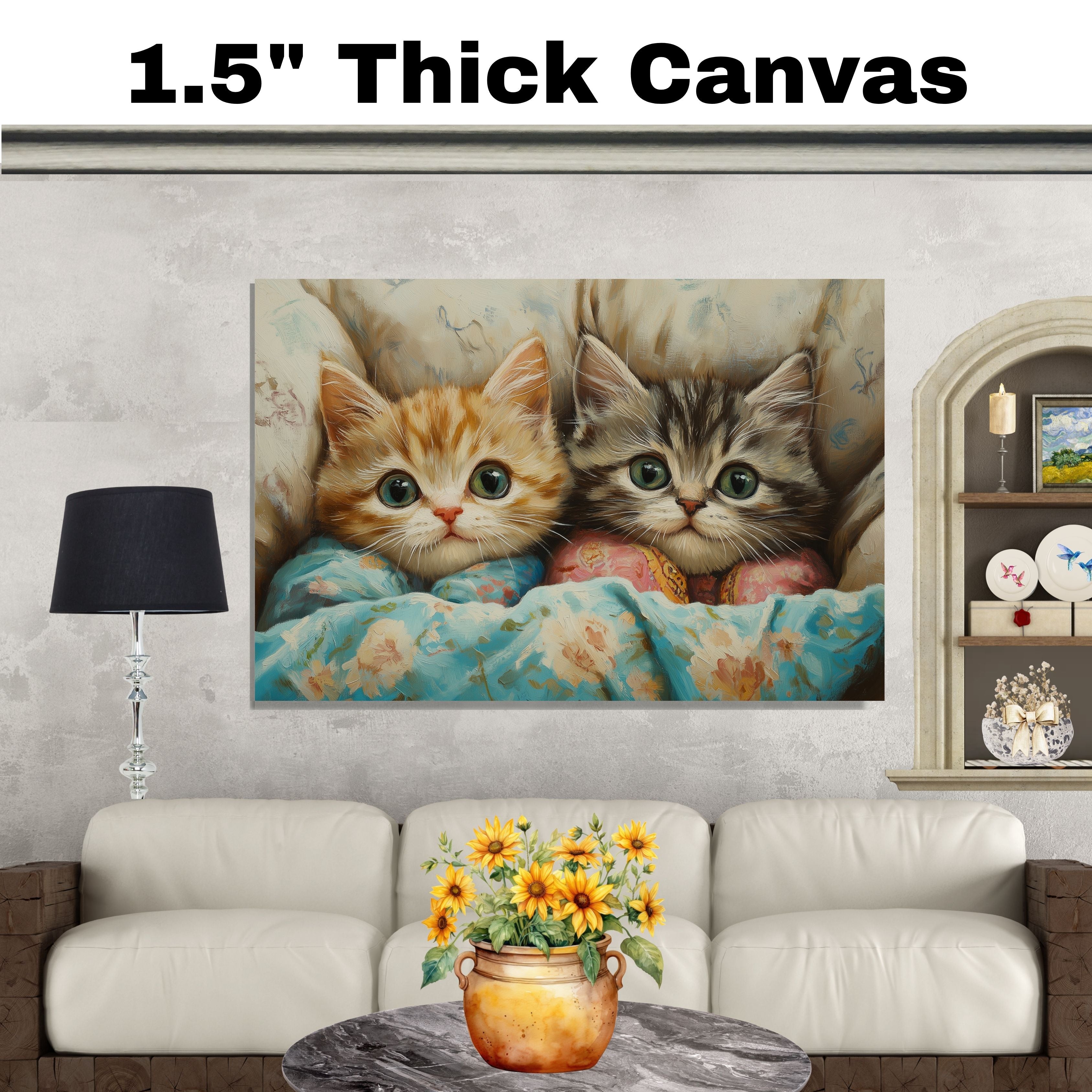 Painting of Two Cute Kittens Snuggled in Colorful Floral Blankets with Big Eyes and Soft Fur in a Cozy Bed Surrounded by Pillows in a Warm Whimsical Setting on Ready to Hang 1.5" Thick Canvas Wrap, Floating Framed Canvas, Flat Rolled Canvas