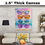 Watercolor Art of Five Sunglasses with Beach Reflections Featuring Palms Waves and Sunset in Tropical Summer Colors on Ready to Hang 1.5" Thick Canvas Wrap, Floating Framed Canvas, Flat Rolled Canvas