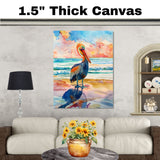 Vibrant Pelican Watercolor Painting with Colorful Ocean Waves and Sunset Reflection Scene on Ready to Hang 1.5" Thick Canvas Wrap, Floating Framed Canvas, Flat Rolled Canvas