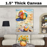Watercolor Painting of a Colorful Beach Ball and Toy Bucket with Shells on Sandy Shoreline by the Ocean on Ready to Hang 1.5" Thick Canvas Wrap, Floating Framed Canvas, Flat Rolled Canvas