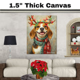 Beagle Christmas Charm - 'Rustic Snuggles' - Beagle Dog with Lighted Antlers & Festive Scarf on Rustic Canvas, Ready to Hang 1.5" Thick Canvas Wrap, Floating Framed Canvas, Flat Rolled Canvas