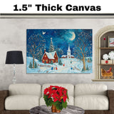 Christmas Folk Art Scene with Red Cabins, Snowy Church, Starry Sky and Children Playing in a Winter Wonderland on Ready to Hang 1.5" Thick Canvas Wrap, Floating Framed Canvas, Flat Rolled Canvas