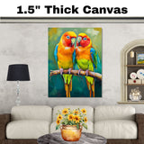 Vibrant Parakeet Pair Artwork Featuring Orange Yellow and Green Plumage with Blue Accents on a Branch Against a Smooth Brushstroke Teal and Olive Background on Ready to Hang 1.5" Thick Canvas Wrap, Floating Framed Canvas, Flat Rolled Canvas
