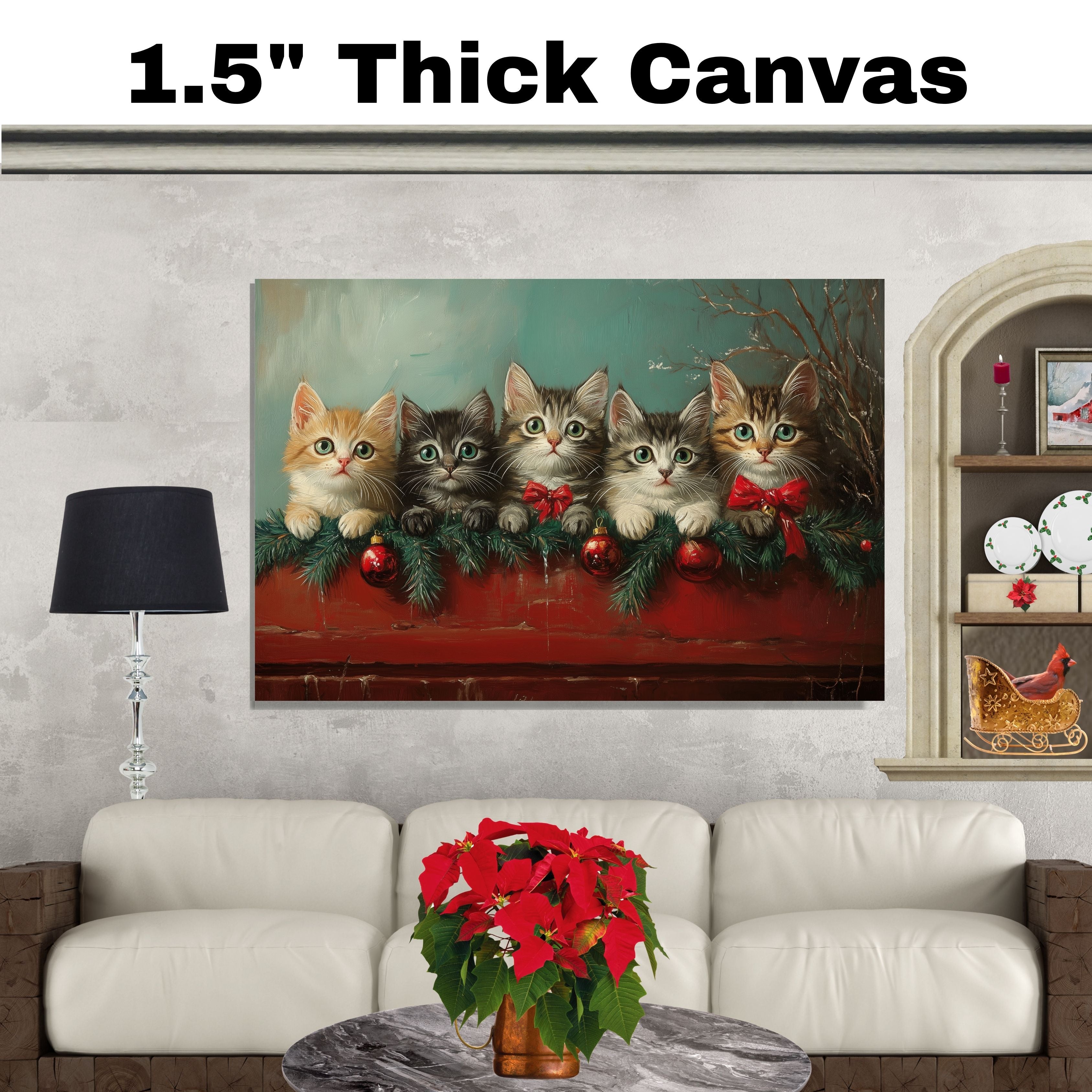 "Retro Christmas Charm: Five Adorable Kittens" Vintage-Style Holiday Scene on Ready to Hang 1.5" Thick Canvas Wrap, Floating Framed Canvas, Flat Rolled Canvas
