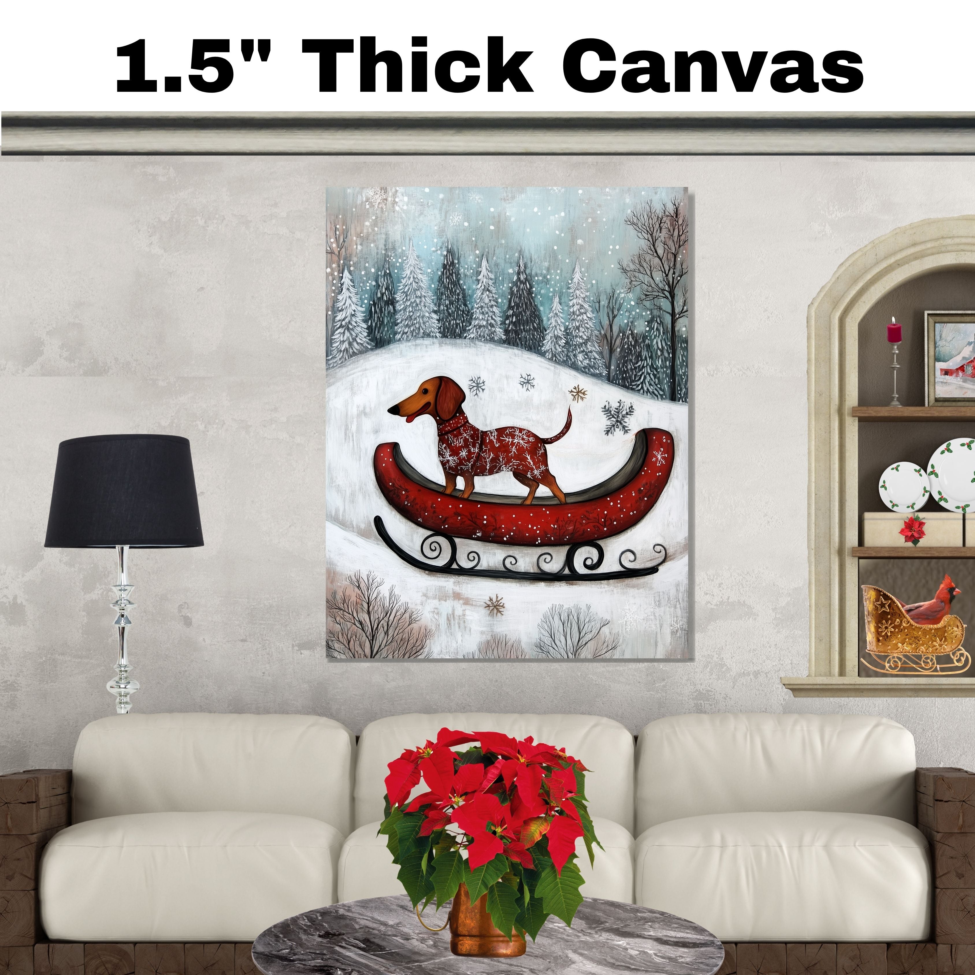 Festive Dachshund in Red Sleigh Winter Wonderland Art Whimsical Christmas Dog Illustration in Snowy Forest Scene for Holiday Pet Lovers and Seasonal Décor on Ready to Hang 1.5" Thick Canvas Wrap, Floating Framed Canvas, Flat Rolled Canvas