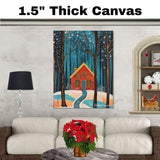 Red House in Snowy Forest with Golden Windows and Winding Path Beneath Falling Snowflakes and Starry Winter Sky on Ready to Hang 1.5" Thick Canvas Wrap, Floating Framed Canvas, Flat Rolled Canvas
