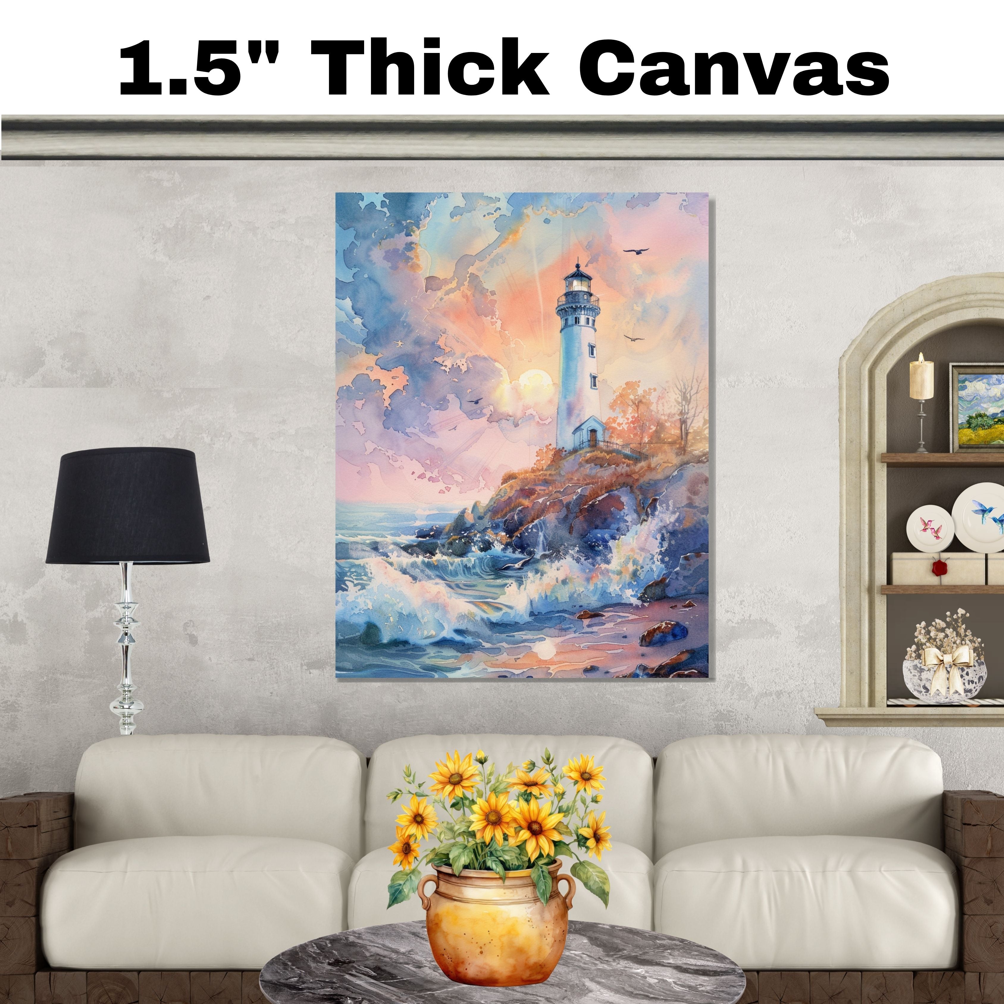 Majestic Lighthouse on Rocky Shore at Sunrise with Crashing Waves and Radiant Sky in Serene Watercolor Nautical Scene on Ready to Hang 1.5" Thick Canvas Wrap, Floating Framed Canvas, Flat Rolled Canvas