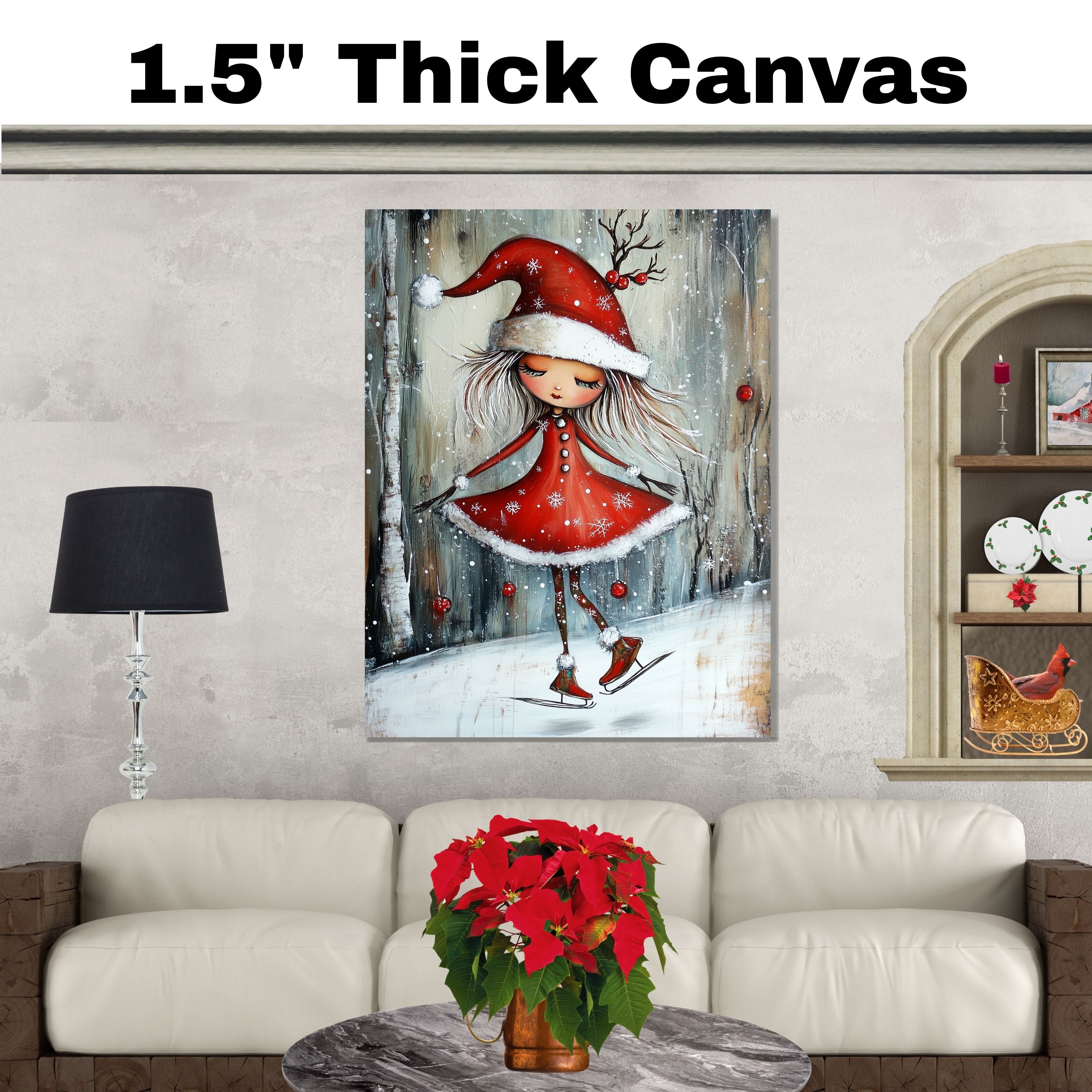 Christmas Witch Ice Skating Print – Whimsical Red Dress & Antler Hat Holiday Art, Winter Fairy Girl Wall Decor, Enchanted Snow Scene for Kids Room or Nursery on Ready to Hang 1.5" Thick Canvas Wrap, Floating Framed Canvas, Flat Rolled Canvas