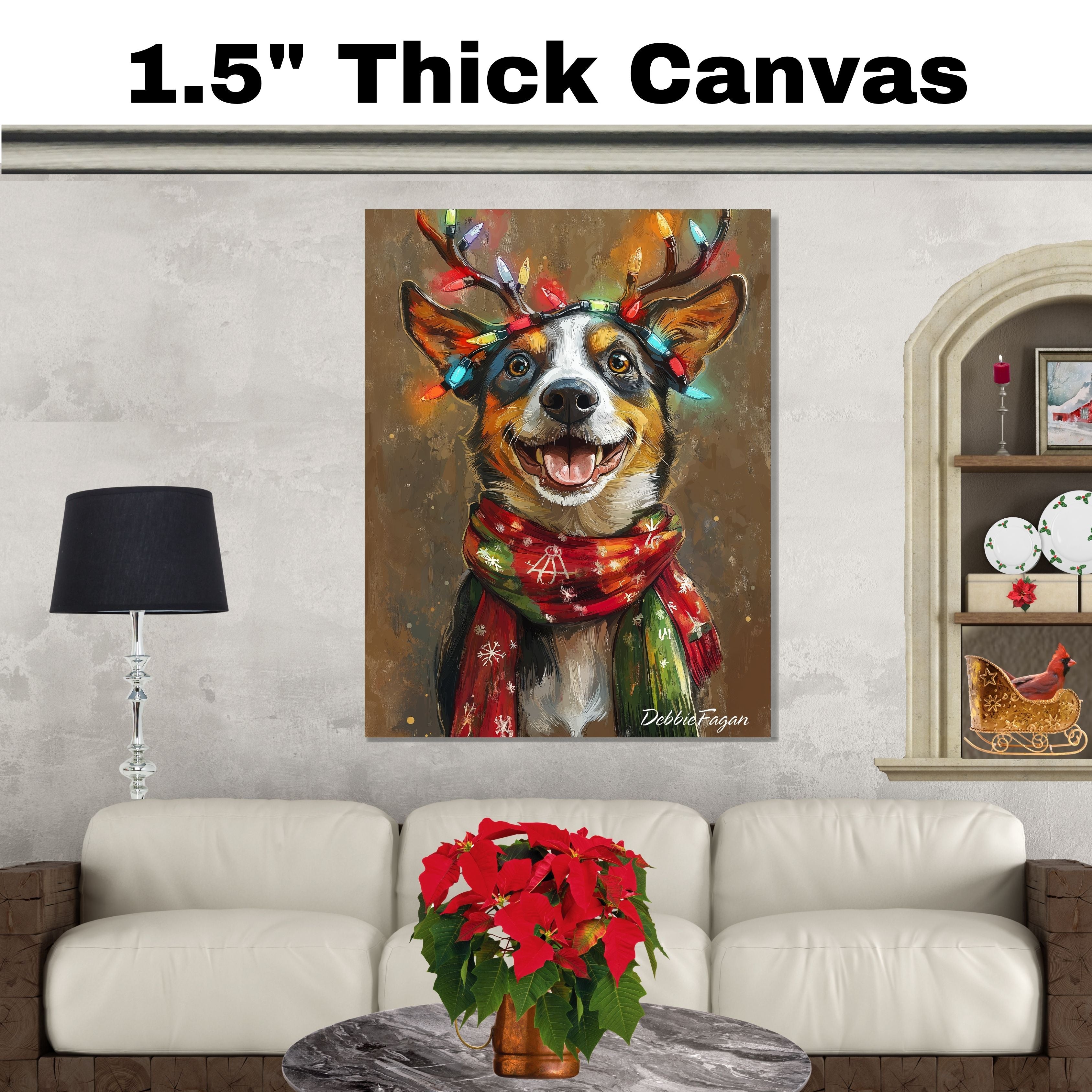 Holiday Bliss - 'Rustic Cheer' - Australian Shepherd Dog with Lighted Antlers & Cozy Scarf on Rustic Background, Ready to Hang 1.5" Thick Canvas Wrap, Floating Framed Canvas, Flat Rolled Canvas