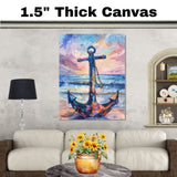 Watercolor Painting of a Multicolored Anchor on the Beach with Ocean Waves and Sunset Sky in Nautical Coastal Style on Ready to Hang 1.5" Thick Canvas Wrap, Floating Framed Canvas, Flat Rolled Canvas