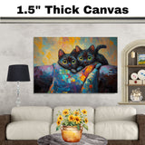 Painting of Two Cute Black Cats with Big Green Eyes Cuddled Together Under a Colorful Blanket Surrounded by Expressive Brush Strokes and Bright Vibrant Colors on Ready to Hang 1.5" Thick Canvas Wrap, Floating Framed Canvas, Flat Rolled Canvas