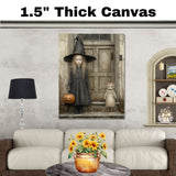 Hauntingly Sweet Halloween Scene with Little Witch Girl and Dressed-Up Cat Holding Pumpkin, Moody Autumn Atmosphere in Vintage-Style Front Porch Setting on Ready to Hang 1.5" Thick Canvas Wrap, Floating Framed Canvas, Flat Rolled Canvas