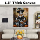 Shadowed Enchantment: Tuxedo Witch Mom and Three Kittens in a Haunted Forest on Ready to Hang 1.5" Thick Canvas Wrap, Floating Framed Canvas, Flat Rolled Canvas