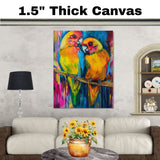 Bright Lovebirds in Vivid Abstract Expressionist Style with Colorful Brushstrokes Featuring Tropical Parrots on Branch in a Bold Artistic Composition on Ready to Hang 1.5" Thick Canvas Wrap, Floating Framed Canvas, Flat Rolled Canvas