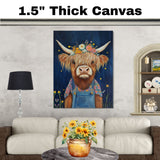 Highland Cow Wall Art Adorable Cow in Overalls and Flower Crown Rustic Farmhouse Decor for Kids Room Bedroom or Gift for Cow Lovers and Animal Art Fans on Ready to Hang 1.5" Thick Canvas Wrap, Floating Framed Canvas, Flat Rolled Canvas