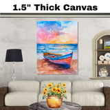 Watercolor Painting of Colorful Wooden Rowboat on Beach with Sunset Ocean Waves and Dramatic Sky in Pink Blue and Orange Tones on Ready to Hang 1.5" Thick Canvas Wrap, Floating Framed Canvas, Flat Rolled Canvas