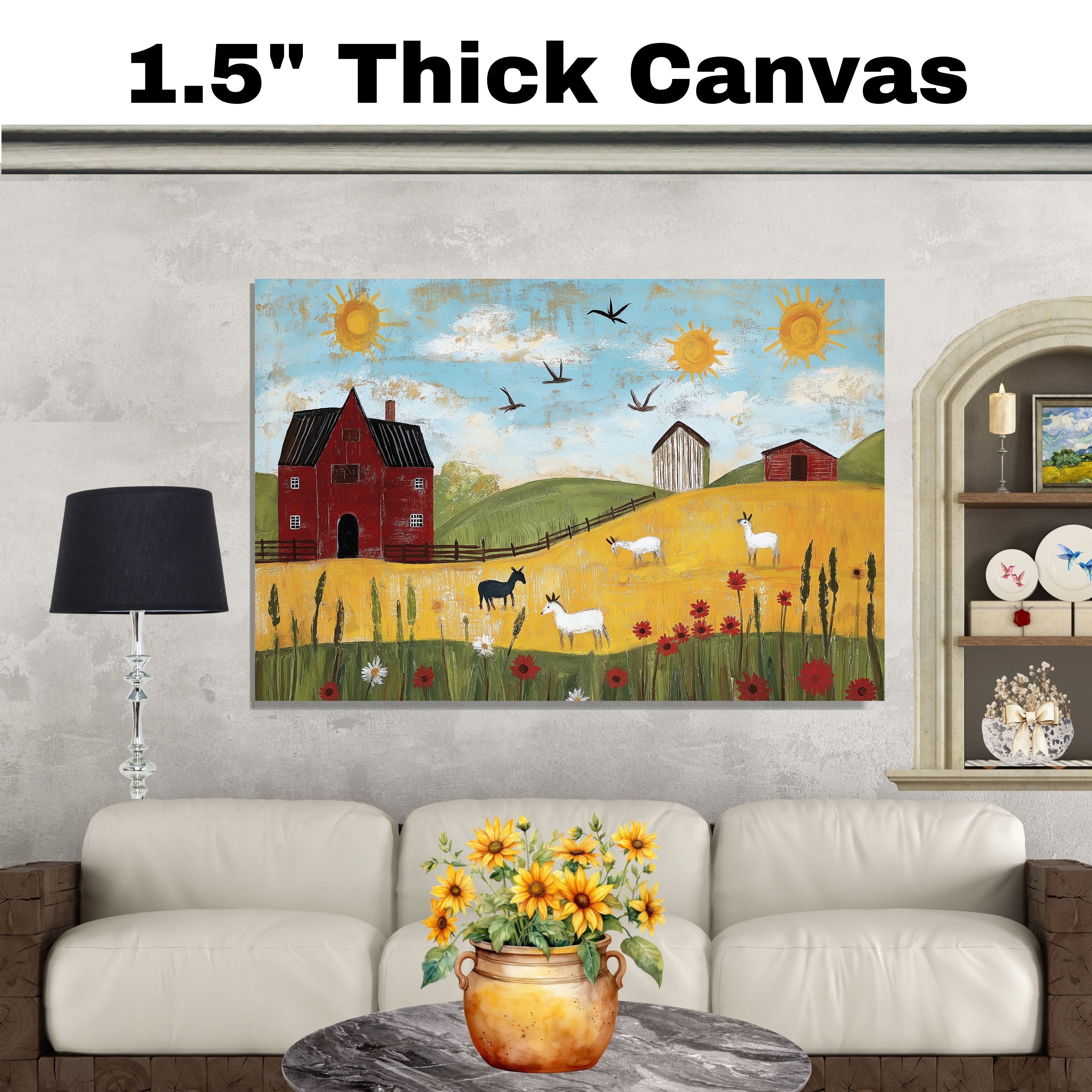 Farm Folk Art Print Featuring Red Barn Goats Sunny Hillside and Wildflowers Hand Painted Country Landscape Illustration for Rustic Wall Decor or Gift Idea on Ready to Hang 1.5" Thick Canvas Wrap, Floating Framed Canvas, Flat Rolled Canvas