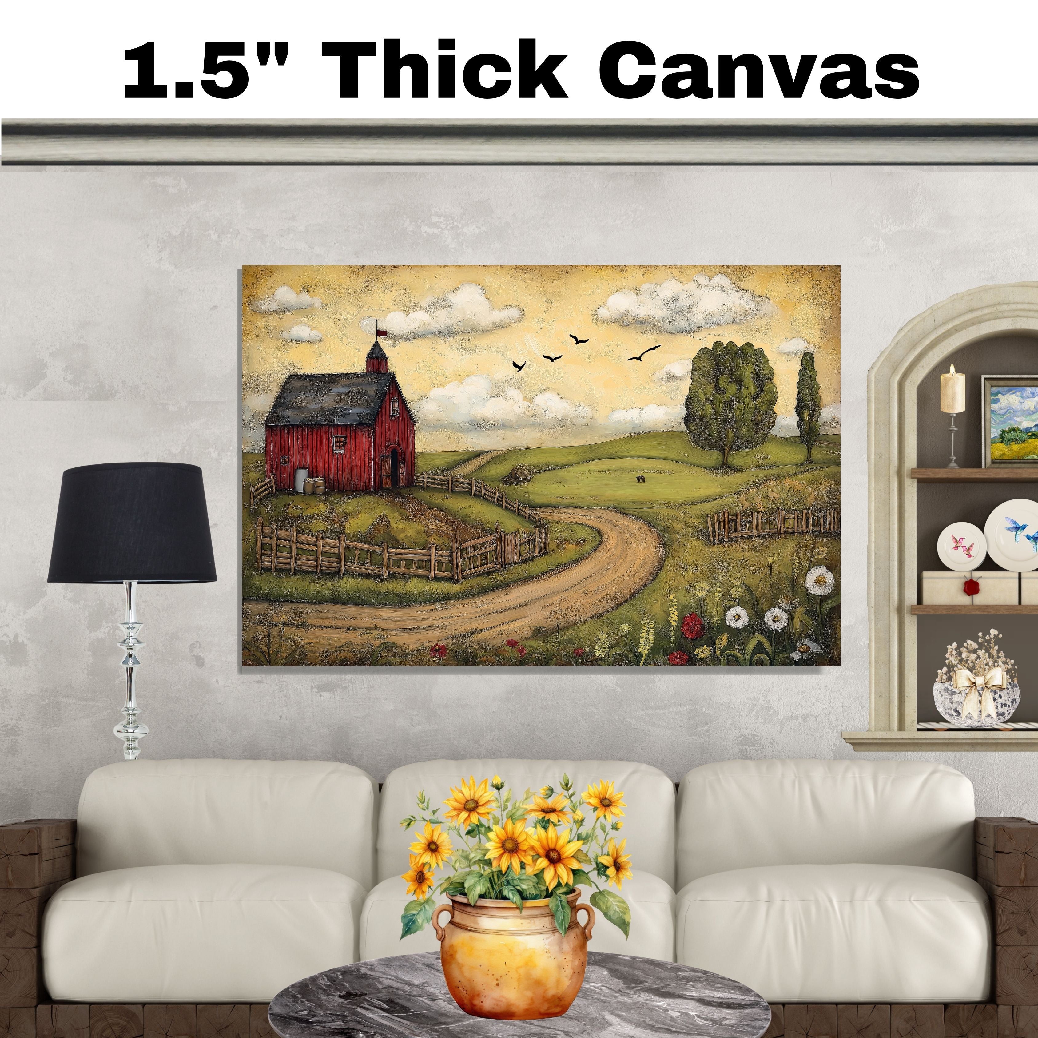 Country Farm Folk Art Print Featuring Red Barn and Rolling Hills Hand Drawn Rustic Landscape Illustration for Cozy Home Wall Decor or Unique Gift Idea on Ready to Hang 1.5" Thick Canvas Wrap, Floating Framed Canvas, Flat Rolled Canvas