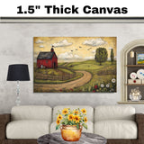 Country Farm Folk Art Print Featuring Red Barn and Rolling Hills Hand Drawn Rustic Landscape Illustration for Cozy Home Wall Decor or Unique Gift Idea on Ready to Hang 1.5" Thick Canvas Wrap, Floating Framed Canvas, Flat Rolled Canvas