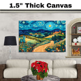 Starry Night-Inspired Folk Art Landscape with Rolling Hills, Bright Moon, and a Peaceful Countryside Village on Ready to Hang 1.5" Thick Canvas Wrap, Floating Framed Canvas, Flat Rolled Canvas