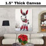 Whimsical Christmas Donkey Ice Skating in Red Scarf and Boots Canvas or Wall Art Print on Ready to Hang 1.5" Thick Canvas Wrap, Floating Framed Canvas, Flat Rolled Canvas