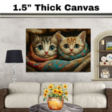 Painting of Two Adorable Kittens Wrapped in Colorful Patterned Blankets with Big Blue Eyes and Soft Fur Snuggled Together in a Warm Cozy and Whimsical Setting on Ready to Hang 1.5" Thick Canvas Wrap, Floating Framed Canvas, Flat Rolled Canvas