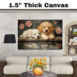 Puppies with Roses by the Pond – Romantic Dog Wall Art on Ready to Hang 1.5" Thick Canvas Wrap, Floating Framed Canvas, Flat Rolled Canvas