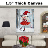 Christmas Witch Ice Skating Print – Whimsical Red Dress & Striped Tights Holiday Art, Cute Winter Witch Decor, Magical Snowy Season Wall Art for Girls' Room or Nursery on Ready to Hang 1.5" Thick Canvas Wrap, Floating Framed Canvas, Flat Rolled Canvas