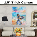 Watercolor Painting of a Multicolored Dog on the Beach – Closeup Coastal Pet Portrait Art Print on Ready to Hang 1.5" Thick Canvas Wrap, Floating Framed Canvas, Flat Rolled Canvas
