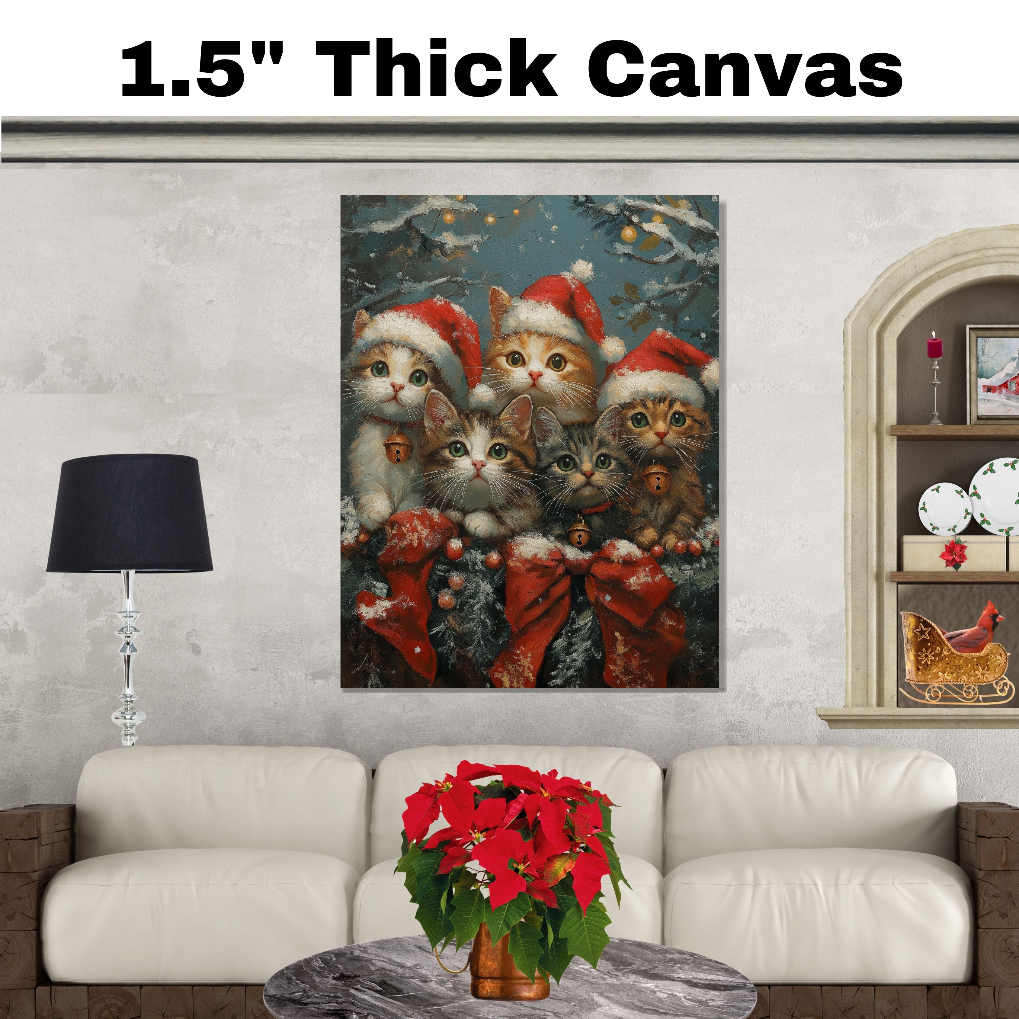 Vintage Style Painting of Five Christmas Kittens in Santa Hats with Bells and Red Bows Perfect for Holiday Decor or a Cute Seasonal Gift for Cat Lovers on Ready to Hang 1.5" Thick Canvas Wrap, Floating Framed Canvas, Flat Rolled Canvas